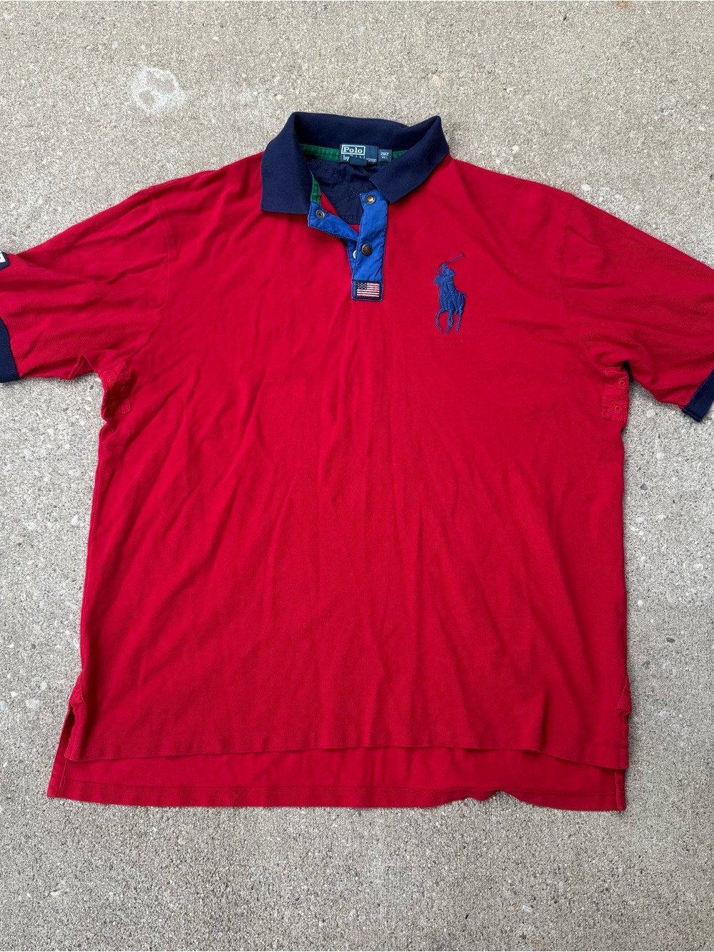 67 Ralph Lauren Red Navy Polo Zip Snap Shirt Tall Big Pony Short Sleeve Size 2XL